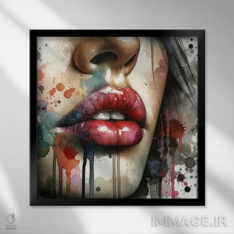 تابلو لبهای زنانه آبرنگی یکم اثر استودیو کروماتیک فیوژن - نمای قابدار مشکی