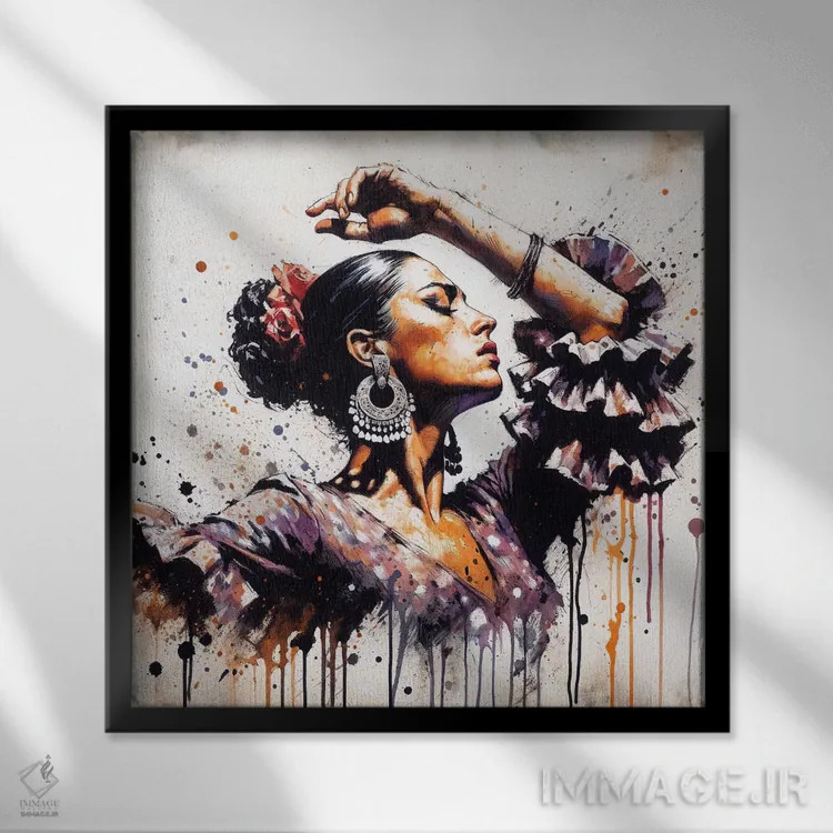تابلو رقاص فلامنکو آبرنگی یکم اثر استودیو کروماتیک فیوژن - نمای قابدار مشکی
