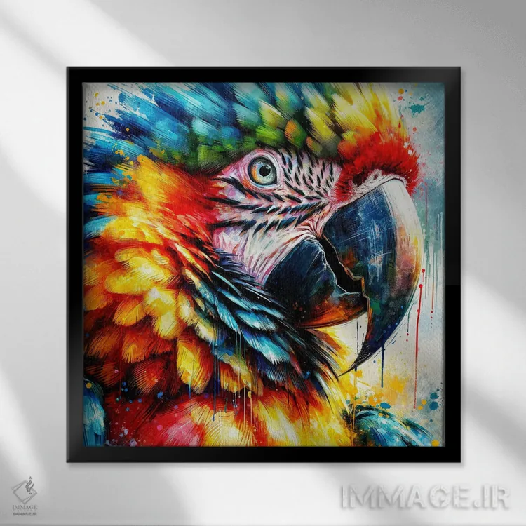 تابلو طوطی ماکائو آبرنگی یکم اثر استودیو کروماتیک فیوژن - نمای قابدار مشکی