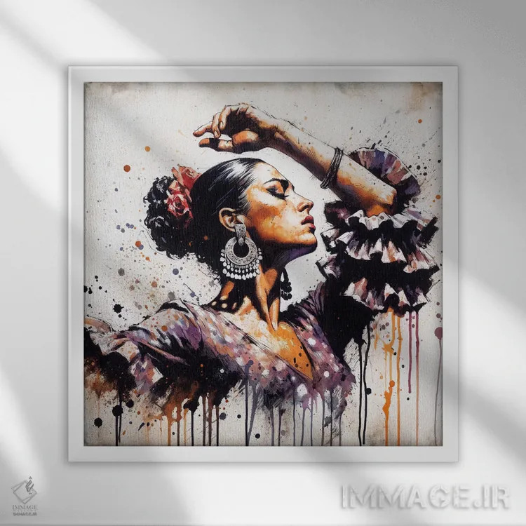تابلو رقاص فلامنکو آبرنگی یکم اثر استودیو کروماتیک فیوژن - نمای قابدار سفید