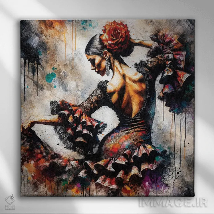 تابلو رقاص فلامنکو آبرنگی چهارم اثر استودیو کروماتیک فیوژن - نمای روبهرو روی دیوار