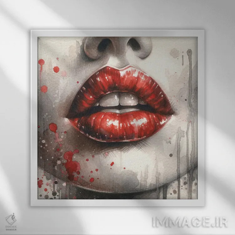 تابلو لبهای زنانه آبرنگی دوم اثر استودیو کروماتیک فیوژن - نمای قابدار سفید