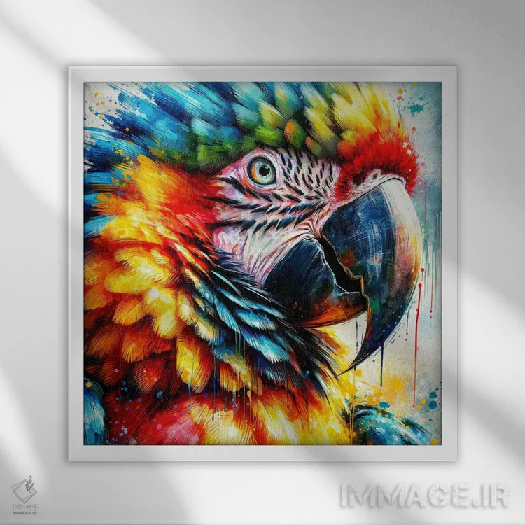 تابلو طوطی ماکائو آبرنگی یکم اثر استودیو کروماتیک فیوژن - نمای قابدار سفید