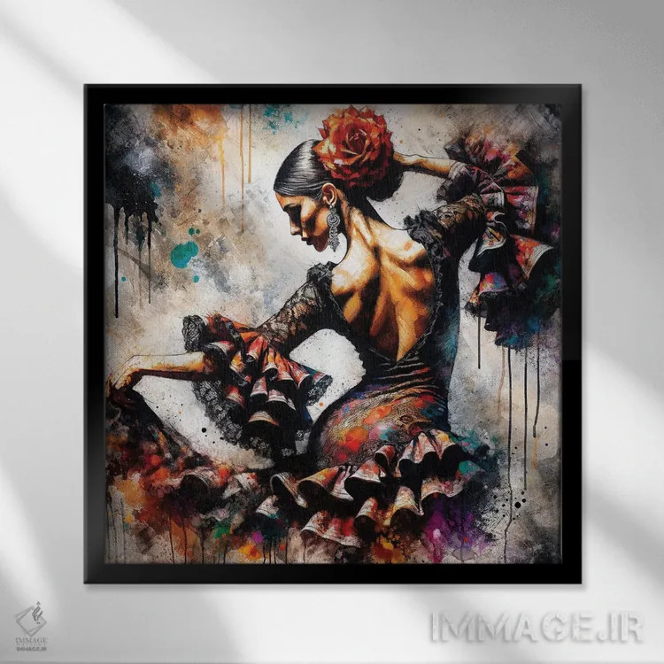 تابلو رقاص فلامنکو آبرنگی چهارم اثر استودیو کروماتیک فیوژن - نمای قابدار مشکی