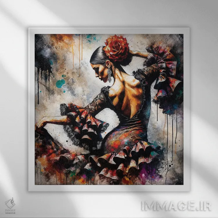 تابلو رقاص فلامنکو آبرنگی چهارم اثر استودیو کروماتیک فیوژن - نمای قابدار سفید