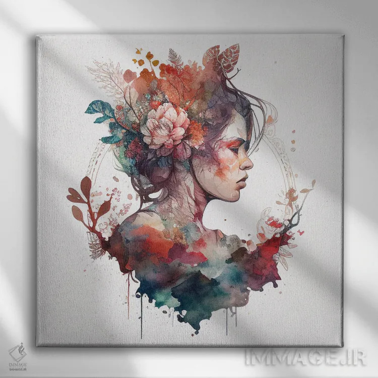تابلو زن با گلهای آبرنگی نهم اثر استودیو کروماتیک فیوژن - نمای روبهرو روی دیوار