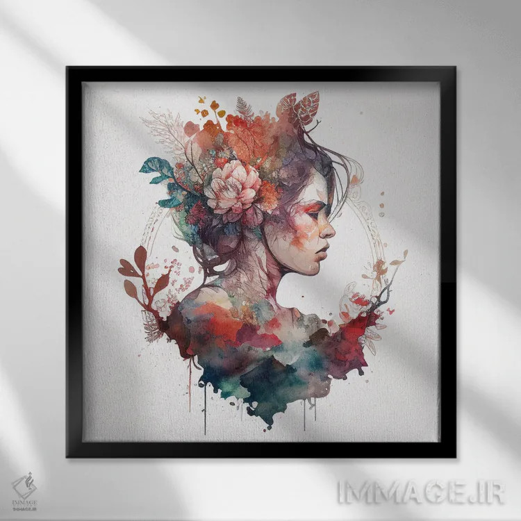 تابلو زن با گلهای آبرنگی نهم اثر استودیو کروماتیک فیوژن - نمای قابدار مشکی