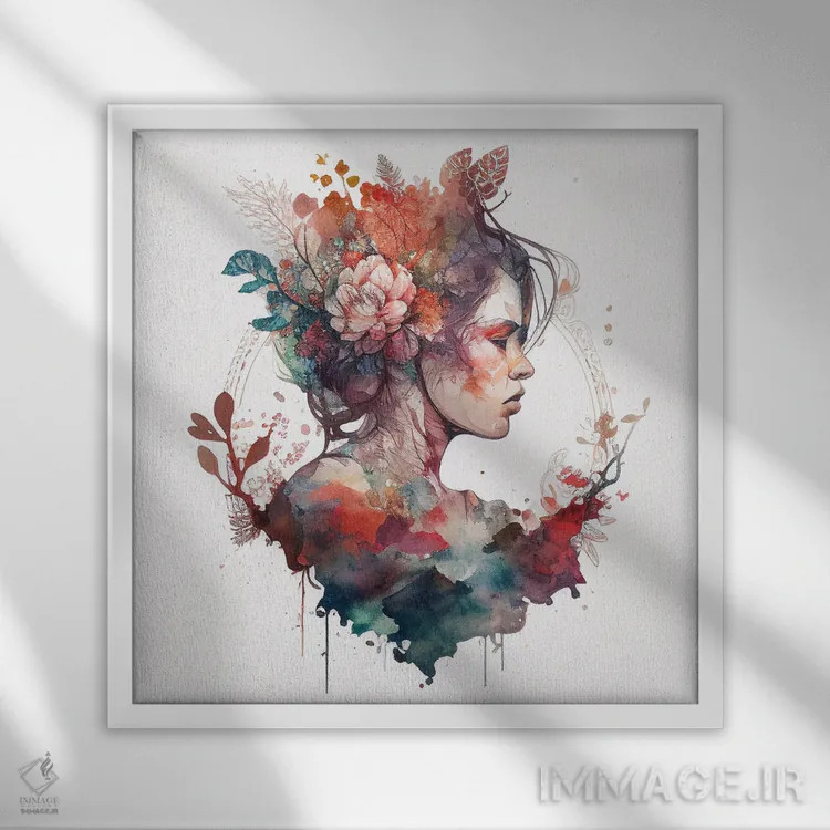 تابلو زن با گلهای آبرنگی نهم اثر استودیو کروماتیک فیوژن - نمای قابدار سفید