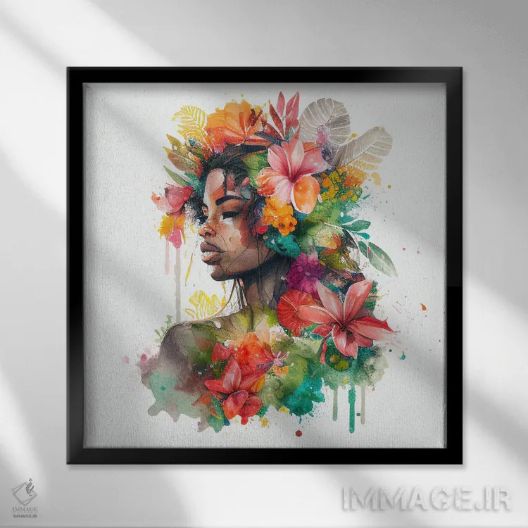 تابلو زن استوایی آبرنگی I اثر استودیو کروماتیک فیوژن - نمای قابدار مشکی
