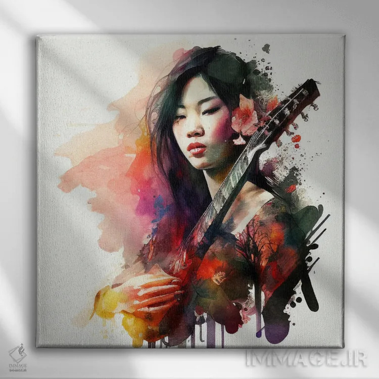 تابلو زن نوازنده آبرنگی I اثر استودیو کروماتیک فیوژن - نمای روبهرو روی دیوار
