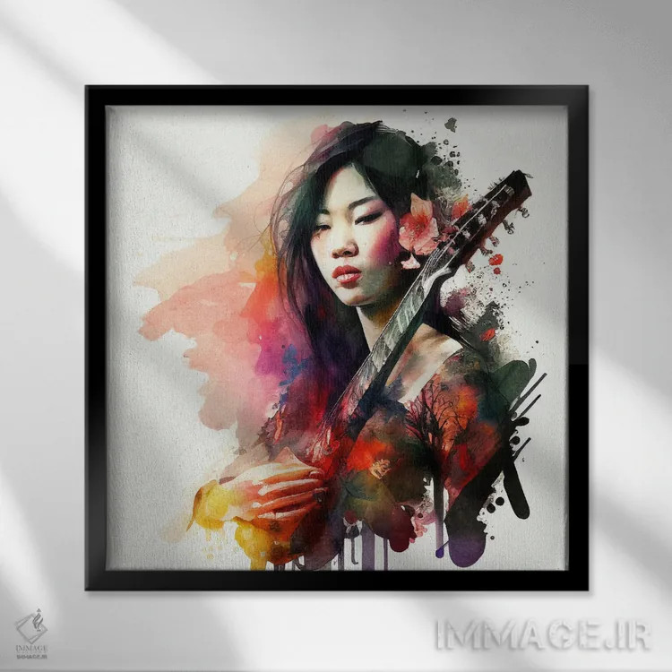 تابلو زن نوازنده آبرنگی I اثر استودیو کروماتیک فیوژن - نمای قابدار مشکی