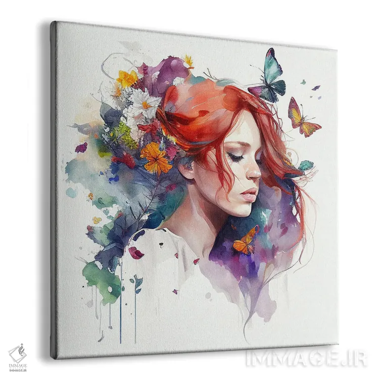تابلو زن گلدار مو قرمز آبرنگی I اثر استودیو کروماتیک فیوژن - نمای پرسپکتیو محصول