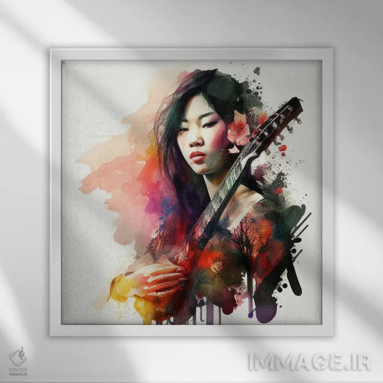 تابلو زن نوازنده آبرنگی I اثر استودیو کروماتیک فیوژن - نمای قابدار سفید