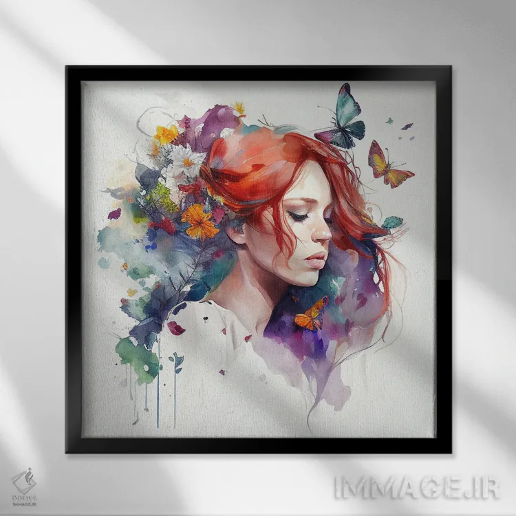 تابلو زن گلدار مو قرمز آبرنگی I اثر استودیو کروماتیک فیوژن - نمای قابدار مشکی