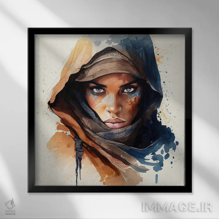تابلو زن طوارق آبرنگی I اثر استودیو کروماتیک فیوژن - نمای قابدار مشکی