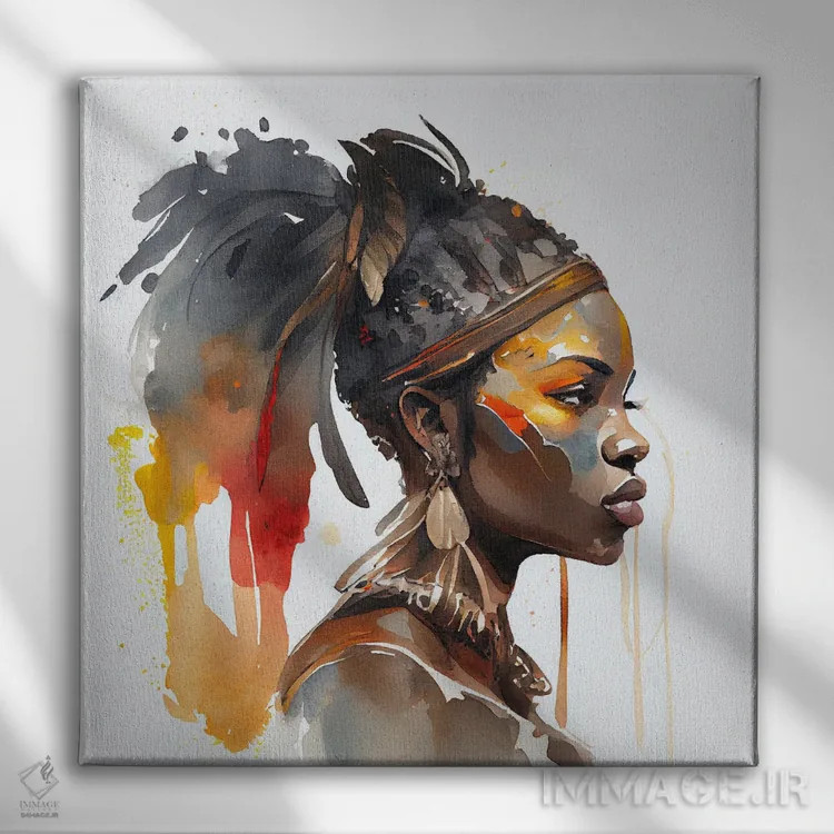 تابلو زن جنگجوی آفریقایی آبرنگی VII اثر استودیو کروماتیک فیوژن - نمای روبهرو روی دیوار