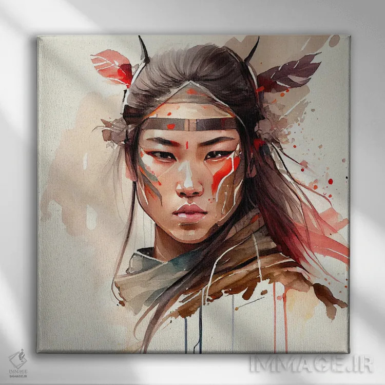تابلو زن جنگجوی آسیایی آبرنگی II اثر استودیو کروماتیک فیوژن - نمای روبهرو روی دیوار