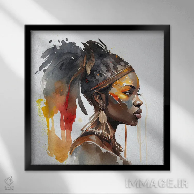 تابلو زن جنگجوی آفریقایی آبرنگی VII اثر استودیو کروماتیک فیوژن - نمای قابدار مشکی