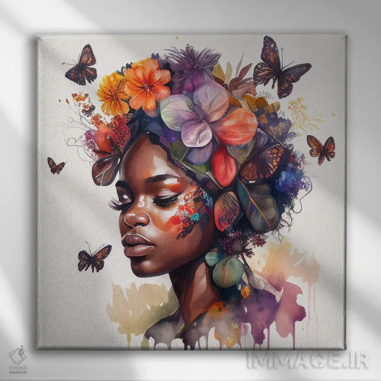 تابلو زن آفریقایی با پروانه آبرنگی II اثر استودیو کروماتیک فیوژن - نمای روبهرو روی دیوار