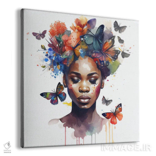 تابلو زن آفریقایی با پروانه آبرنگی IV اثر استودیو کروماتیک فیوژن - نمای پرسپکتیو محصول
