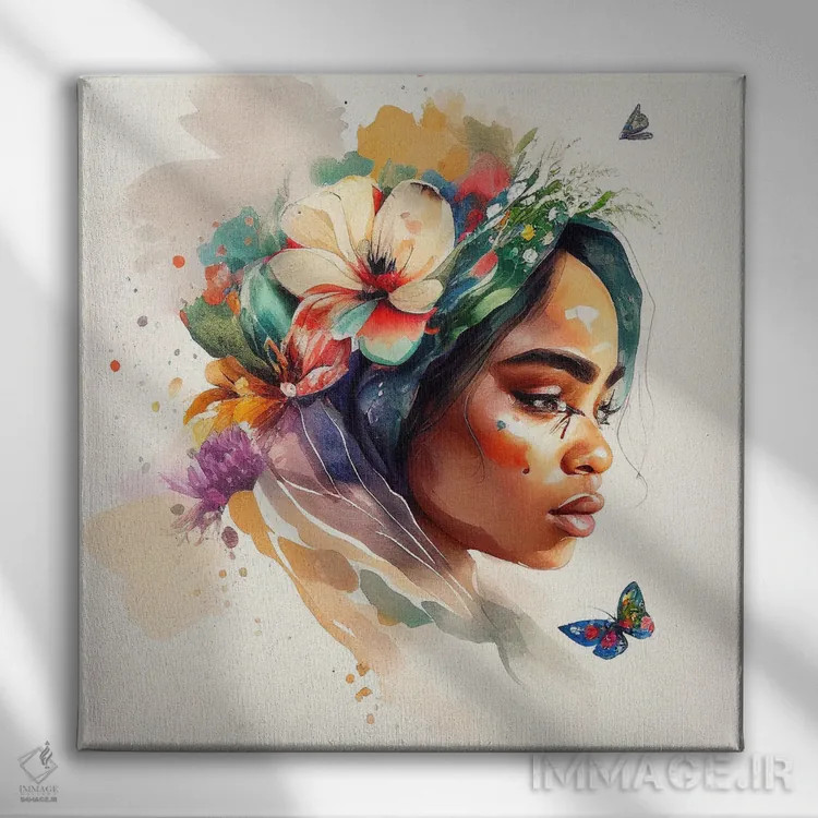 تابلو زن عرب گلدار آبرنگی III اثر استودیو کروماتیک فیوژن - نمای روبهرو روی دیوار