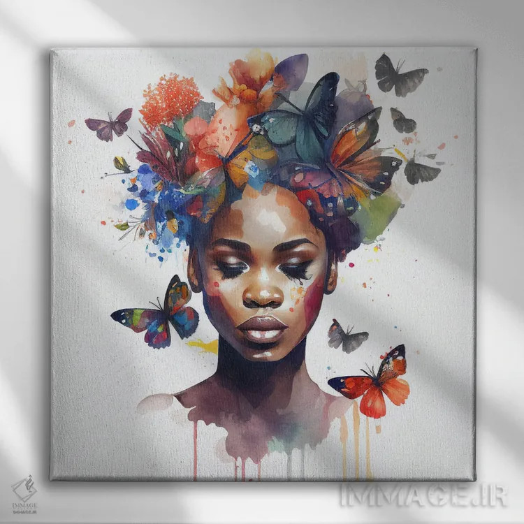 تابلو زن آفریقایی با پروانه آبرنگی IV اثر استودیو کروماتیک فیوژن - نمای روبهرو روی دیوار