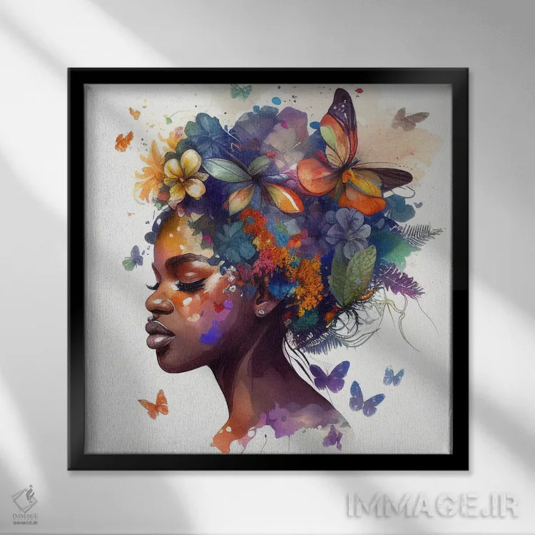 تابلو زن آفریقایی با پروانه آبرنگی VII اثر استودیو کروماتیک فیوژن - نمای قابدار مشکی