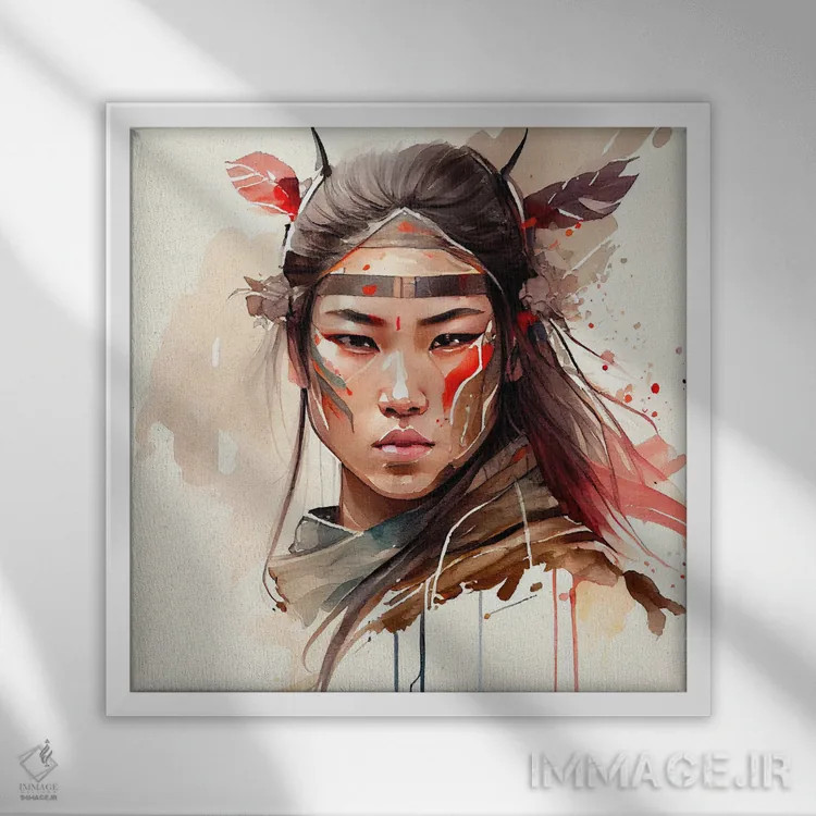 تابلو زن جنگجوی آسیایی آبرنگی II اثر استودیو کروماتیک فیوژن - نمای قابدار سفید