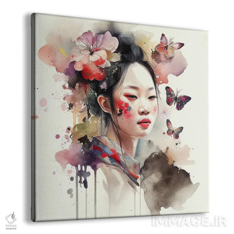 تابلو زن آسیایی گلدار آبرنگی II اثر استودیو کروماتیک فیوژن - نمای پرسپکتیو محصول