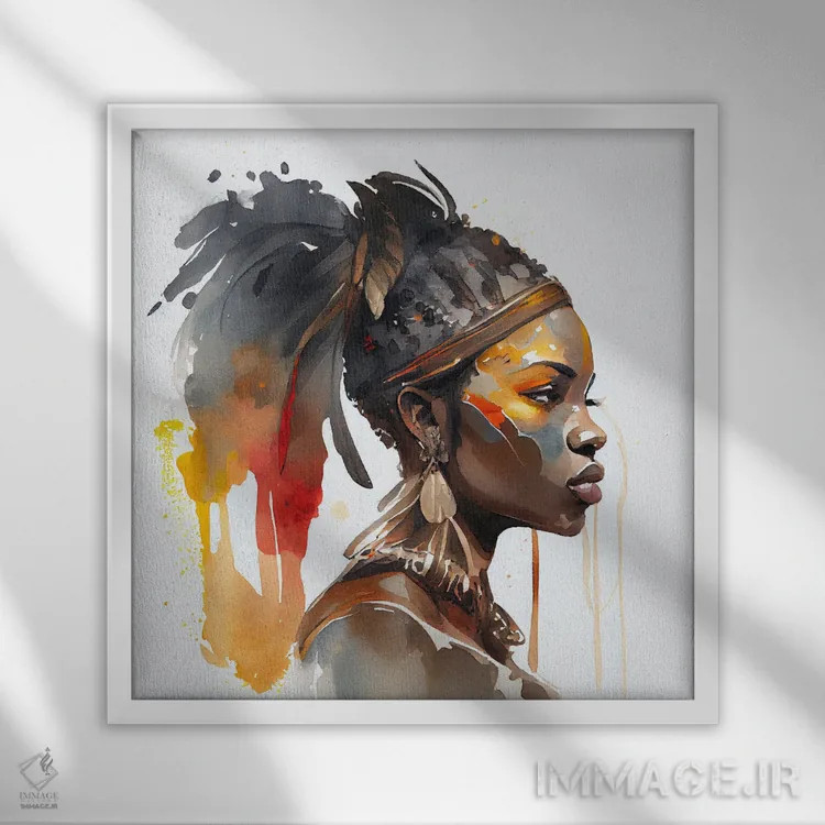 تابلو زن جنگجوی آفریقایی آبرنگی VII اثر استودیو کروماتیک فیوژن - نمای قابدار سفید