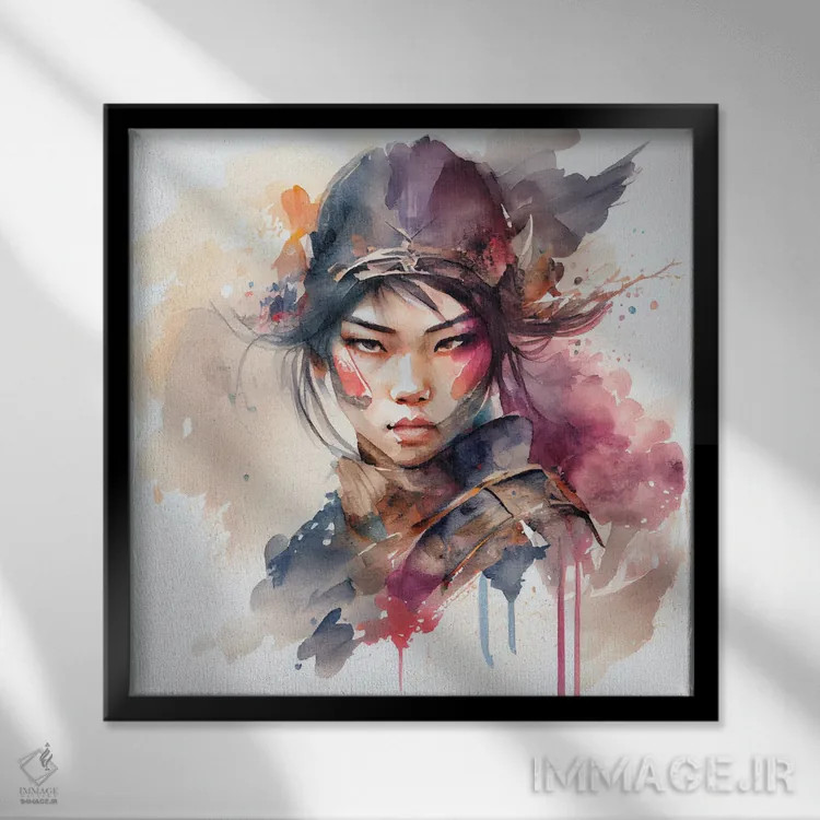 تابلو زن جنگجوی آسیایی آبرنگی III اثر استودیو کروماتیک فیوژن - نمای قابدار مشکی