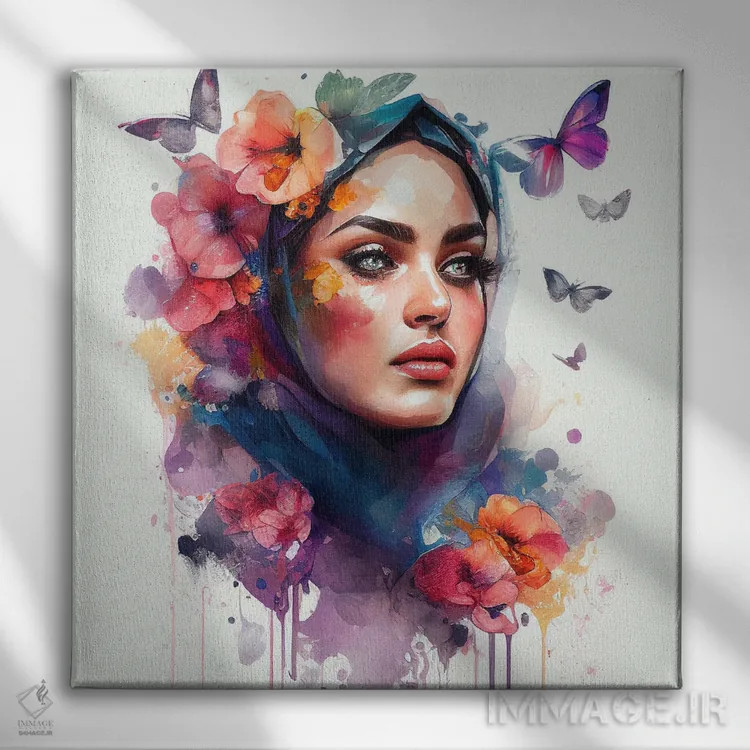 تابلو زن عرب گلدار آبرنگی V اثر استودیو کروماتیک فیوژن - نمای روبهرو روی دیوار