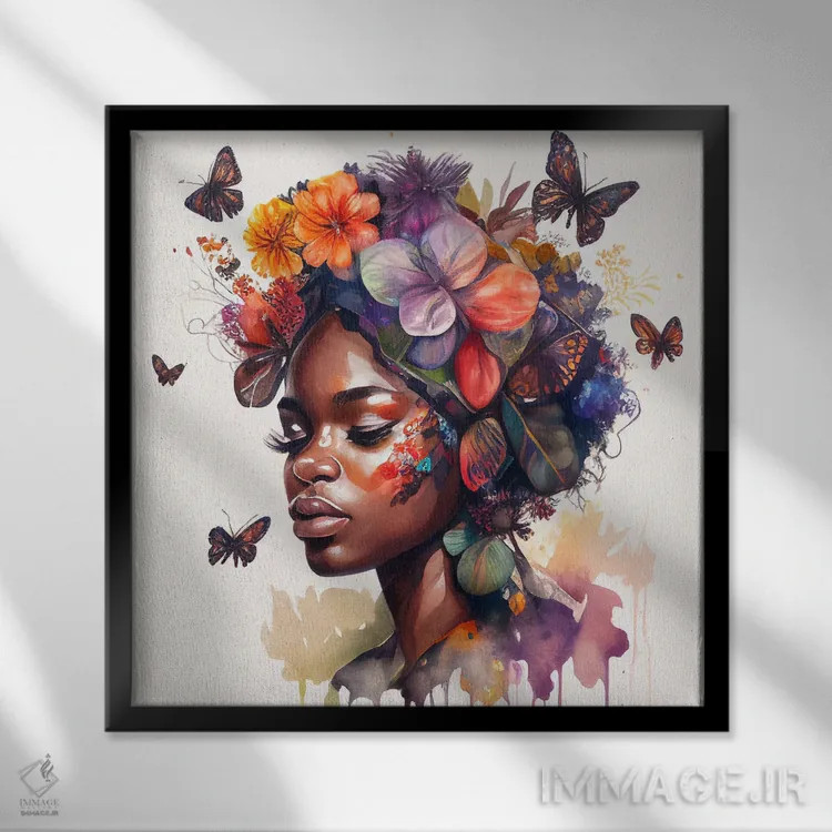 تابلو زن آفریقایی با پروانه آبرنگی II اثر استودیو کروماتیک فیوژن - نمای قابدار مشکی