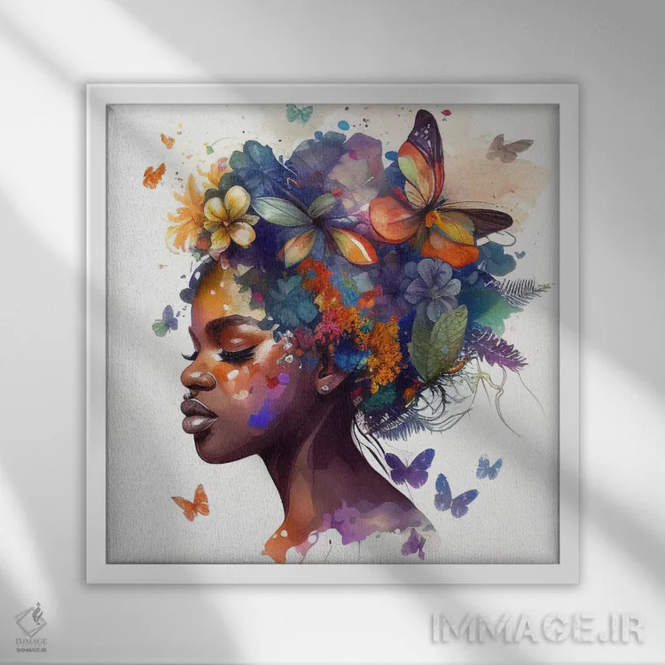 تابلو زن آفریقایی با پروانه آبرنگی VII اثر استودیو کروماتیک فیوژن - نمای قابدار سفید