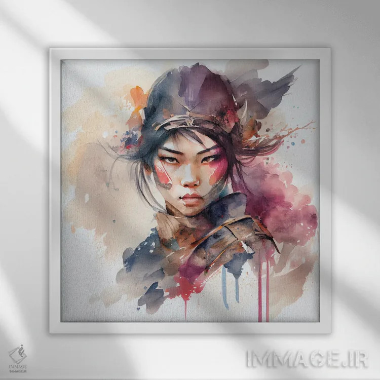 تابلو زن جنگجوی آسیایی آبرنگی III اثر استودیو کروماتیک فیوژن - نمای قابدار سفید