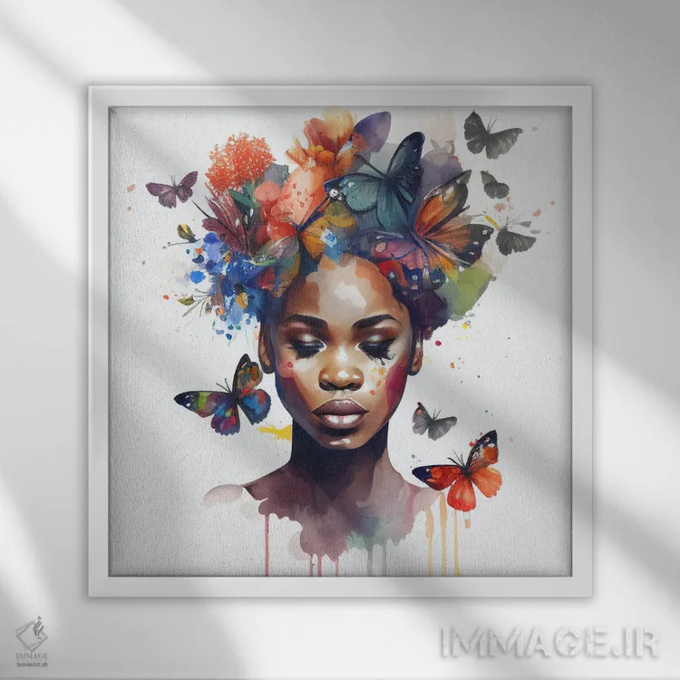 تابلو زن آفریقایی با پروانه آبرنگی IV اثر استودیو کروماتیک فیوژن - نمای قابدار سفید