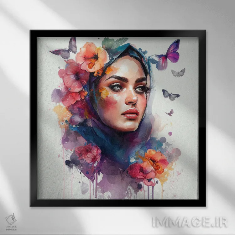 تابلو زن عرب گلدار آبرنگی V اثر استودیو کروماتیک فیوژن - نمای قابدار مشکی