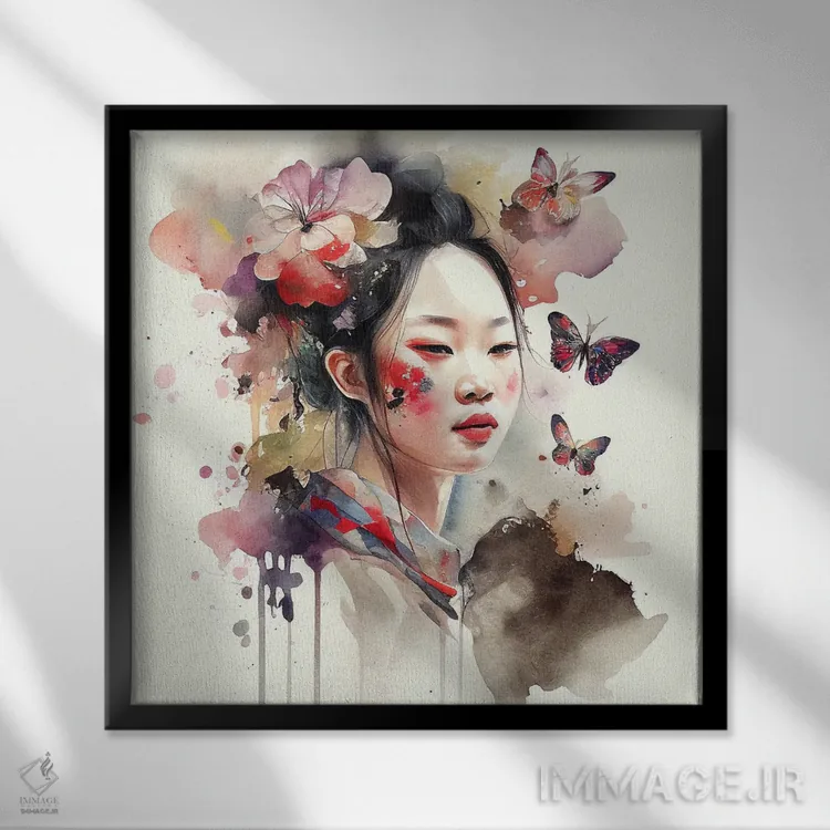 تابلو زن آسیایی گلدار آبرنگی II اثر استودیو کروماتیک فیوژن - نمای قابدار مشکی