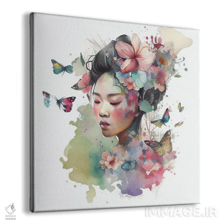 تابلو زن آسیایی گلدار آبرنگی VI اثر استودیو کروماتیک فیوژن - نمای پرسپکتیو محصول