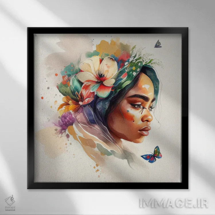 تابلو زن عرب گلدار آبرنگی III اثر استودیو کروماتیک فیوژن - نمای قابدار مشکی