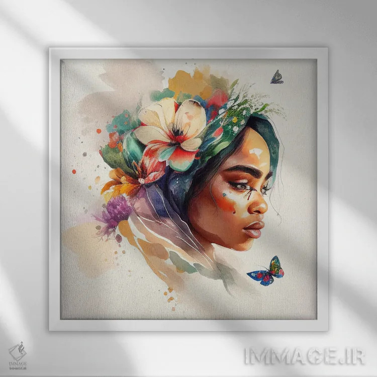 تابلو زن عرب گلدار آبرنگی III اثر استودیو کروماتیک فیوژن - نمای قابدار سفید