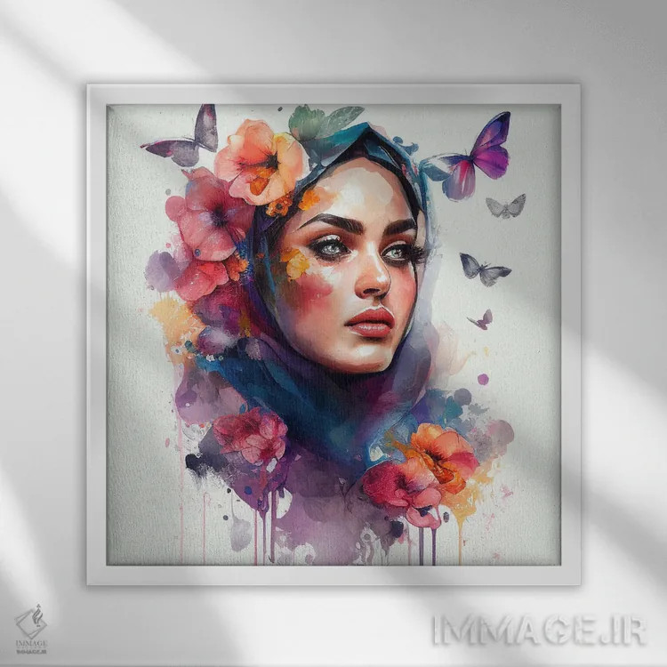 تابلو زن عرب گلدار آبرنگی V اثر استودیو کروماتیک فیوژن - نمای قابدار سفید