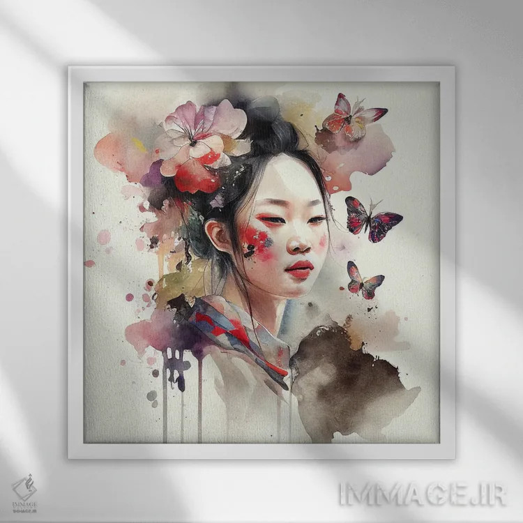 تابلو زن آسیایی گلدار آبرنگی II اثر استودیو کروماتیک فیوژن - نمای قابدار سفید