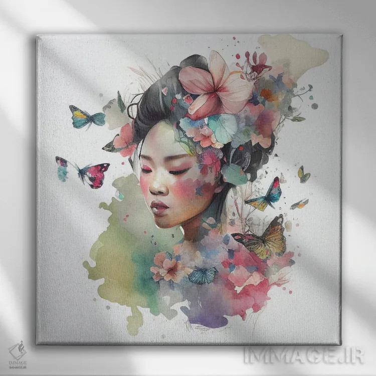 تابلو زن آسیایی گلدار آبرنگی VI اثر استودیو کروماتیک فیوژن - نمای روبهرو روی دیوار