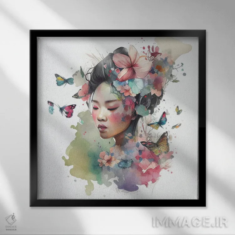تابلو زن آسیایی گلدار آبرنگی VI اثر استودیو کروماتیک فیوژن - نمای قابدار مشکی