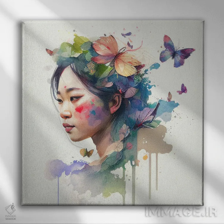 تابلو زن آسیایی گلدار آبرنگی VII اثر استودیو کروماتیک فیوژن - نمای روبهرو روی دیوار