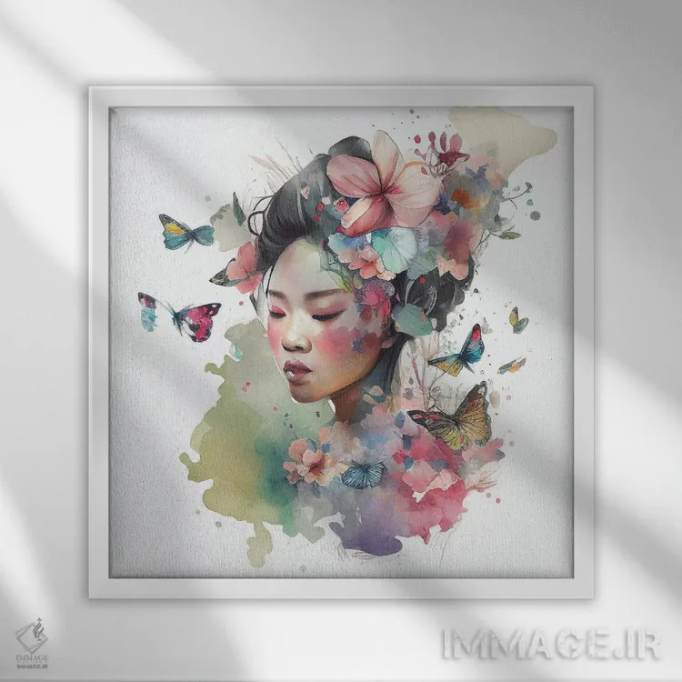 تابلو زن آسیایی گلدار آبرنگی VI اثر استودیو کروماتیک فیوژن - نمای قابدار سفید