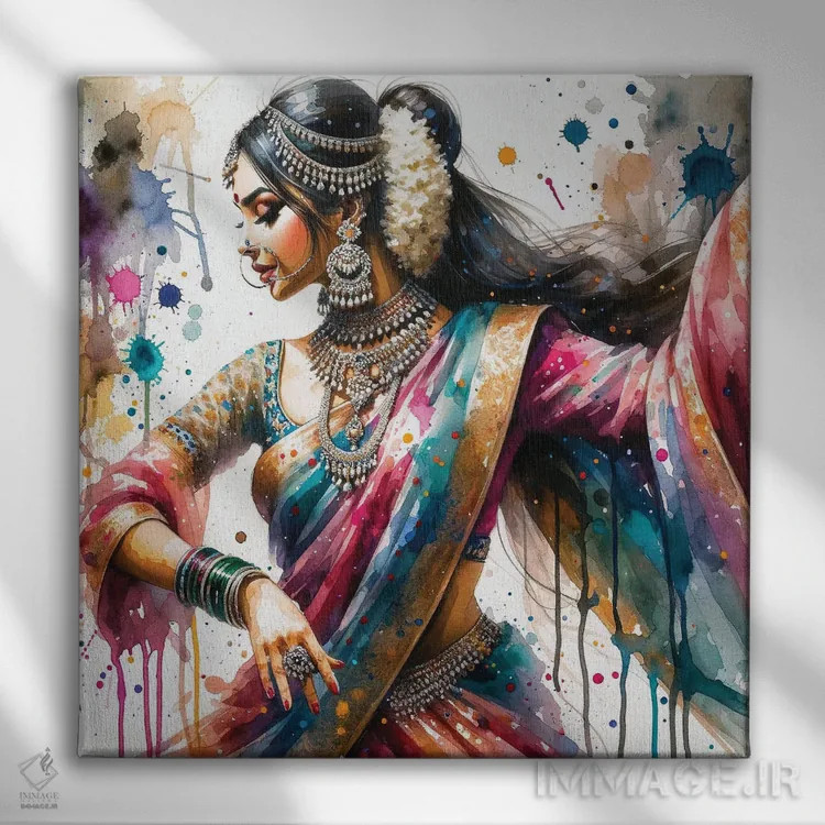 تابلو زن رقصنده هندی آبرنگی I اثر استودیو کروماتیک فیوژن - نمای روبهرو روی دیوار