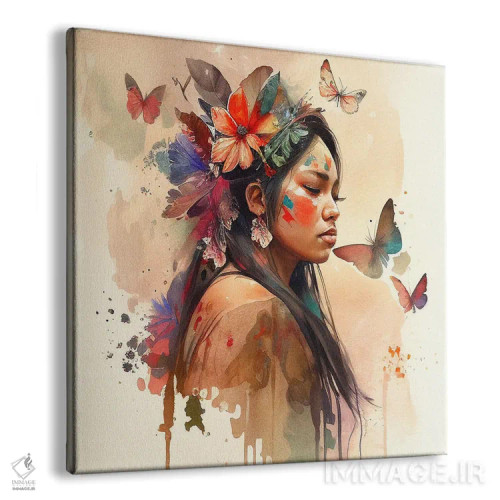 تابلو زن بومی هندی گلدار آبرنگی VIII اثر استودیو کروماتیک فیوژن - نمای پرسپکتیو محصول