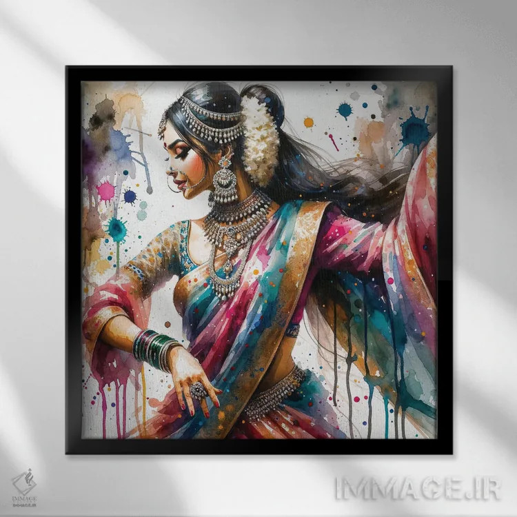 تابلو زن رقصنده هندی آبرنگی I اثر استودیو کروماتیک فیوژن - نمای قابدار مشکی